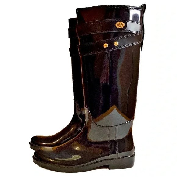 COACH Authentic Black Knee High Rainboots Size 10 - Picture 1 of 14